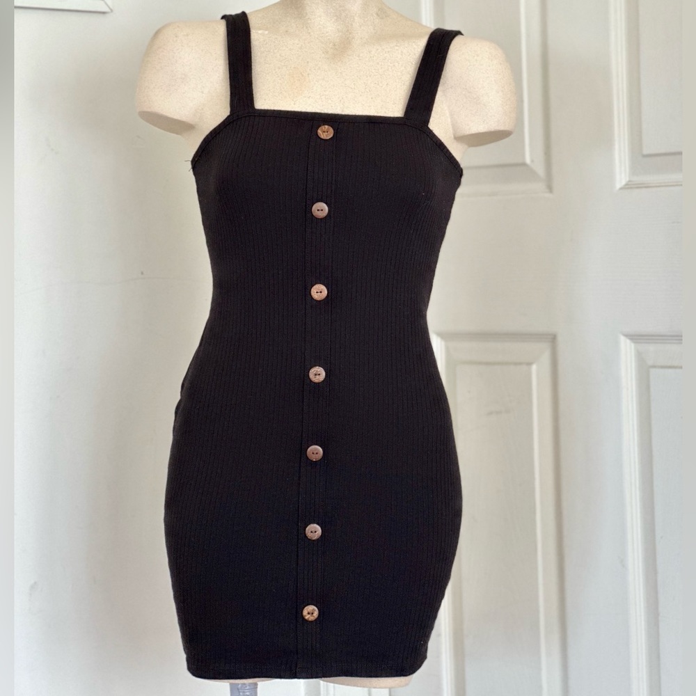 Black Ribbed Button Down Mini Dress S